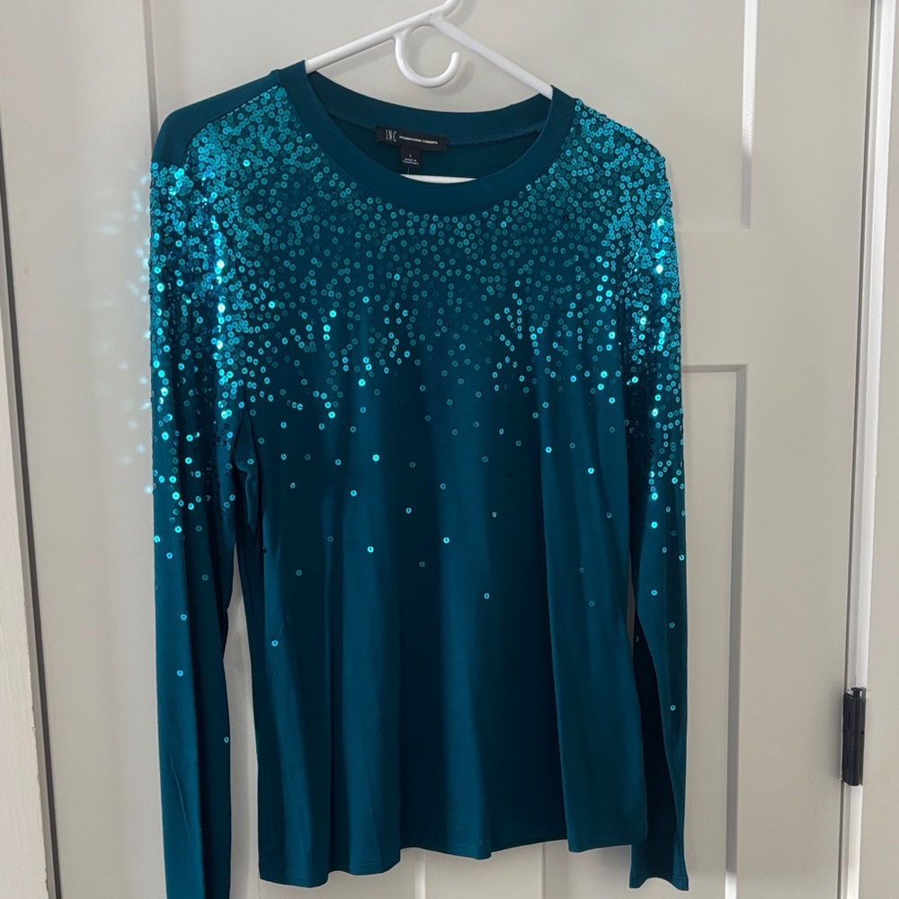 INC International Concepts Teal Sequin Long Sleeve Top
